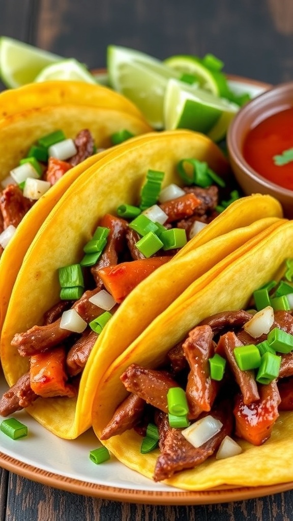 Carne asada tacos with grilled beef, onions, cilantro, lime wedges, and salsa on a plate.